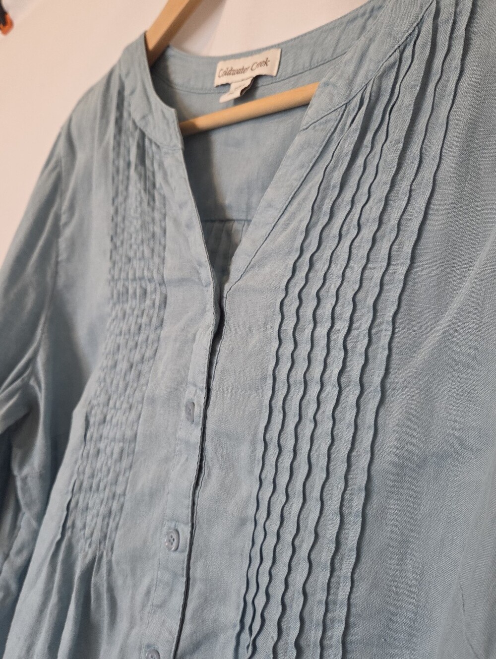 Linen Button Down Pintuck Blouse - Picture 2 of 13